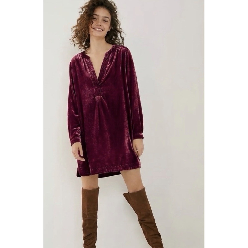 Anthropologie Melody Velvet Tunic Dress Pockets Raspberry Red Fuchsia Size L NWT